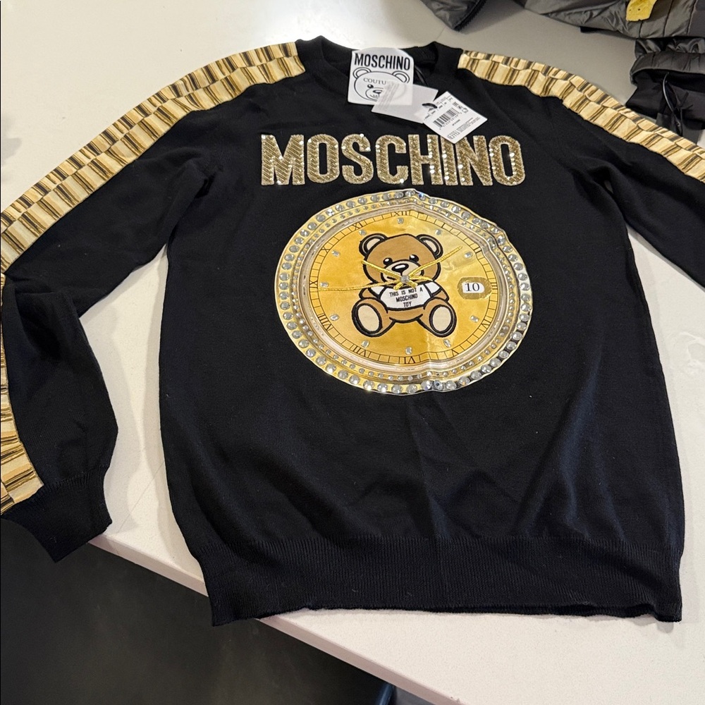 MOSCHINO Black Sweater with Gold Teddy Bear Design,Size 6/SMALL 100 wool